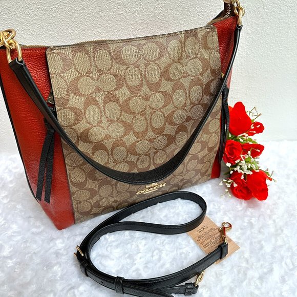 COACH Marlon Hobo 91386 Colorblock Sign Canvas Khaki/Orange, Crossbody in EUC - Picture 1 of 12